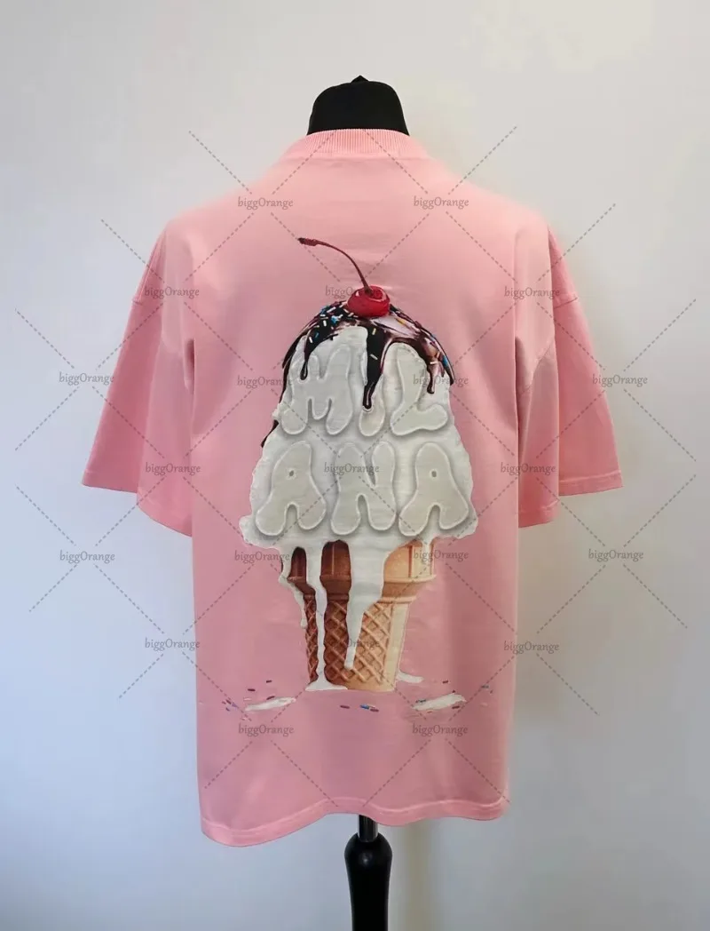 

new 2025 summer new Harajuku street style ice cream print short sleeve cotton T-shirt men Y2k top Gothic style loose couple shir