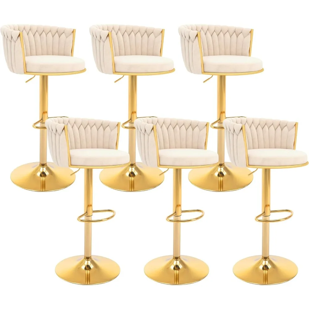 

Gold Bar Stools Set of 6, Modern Adjustable Bar Height Barstools, Velvet Swivel Bar Chairs with Woven Backrest, Metal Footrest