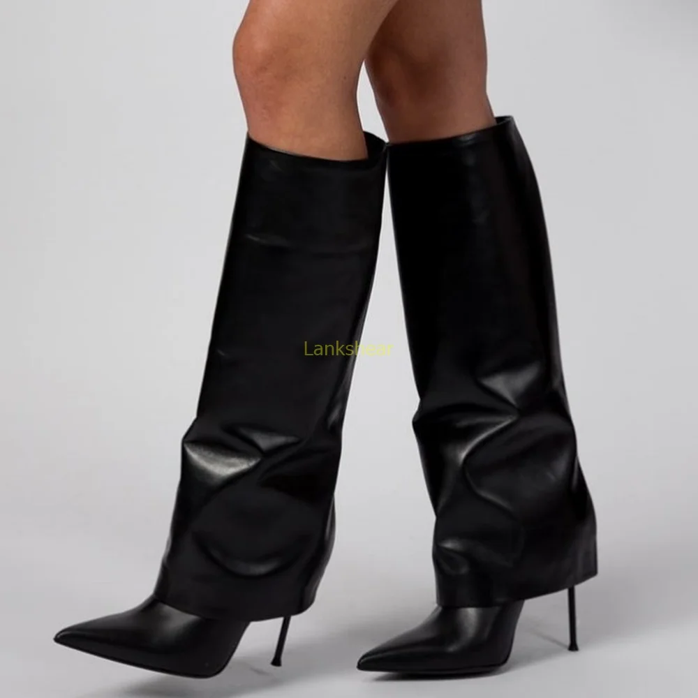 

Black Genuine Leather Slouchy Boots Sexy Pointed Toe Stiletto Solid Slip On New Arrivals Fashion Women Modern Boots