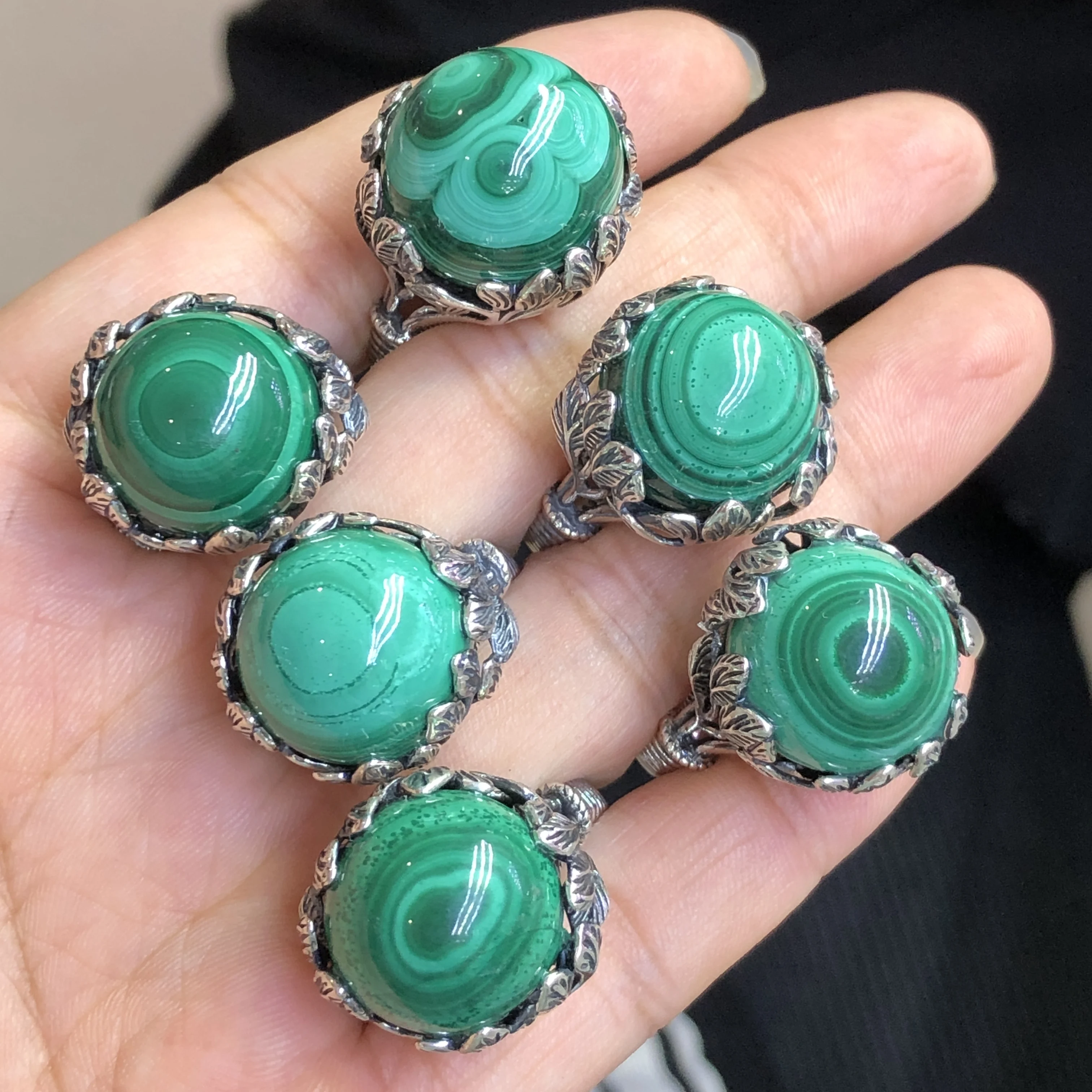 

1 Pc Fengbaowu Natural Malachite Sphere Ring 925 Sterling Silver Reiki Healing Stone Fashion Jewelry Gift For Women Men