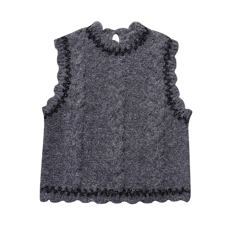 

ZA New Round Neck Sleeveless Beading Design Fur Crochet Knitted Vest Chic Temperamental Short Sweater Waistcoat Tops For Women