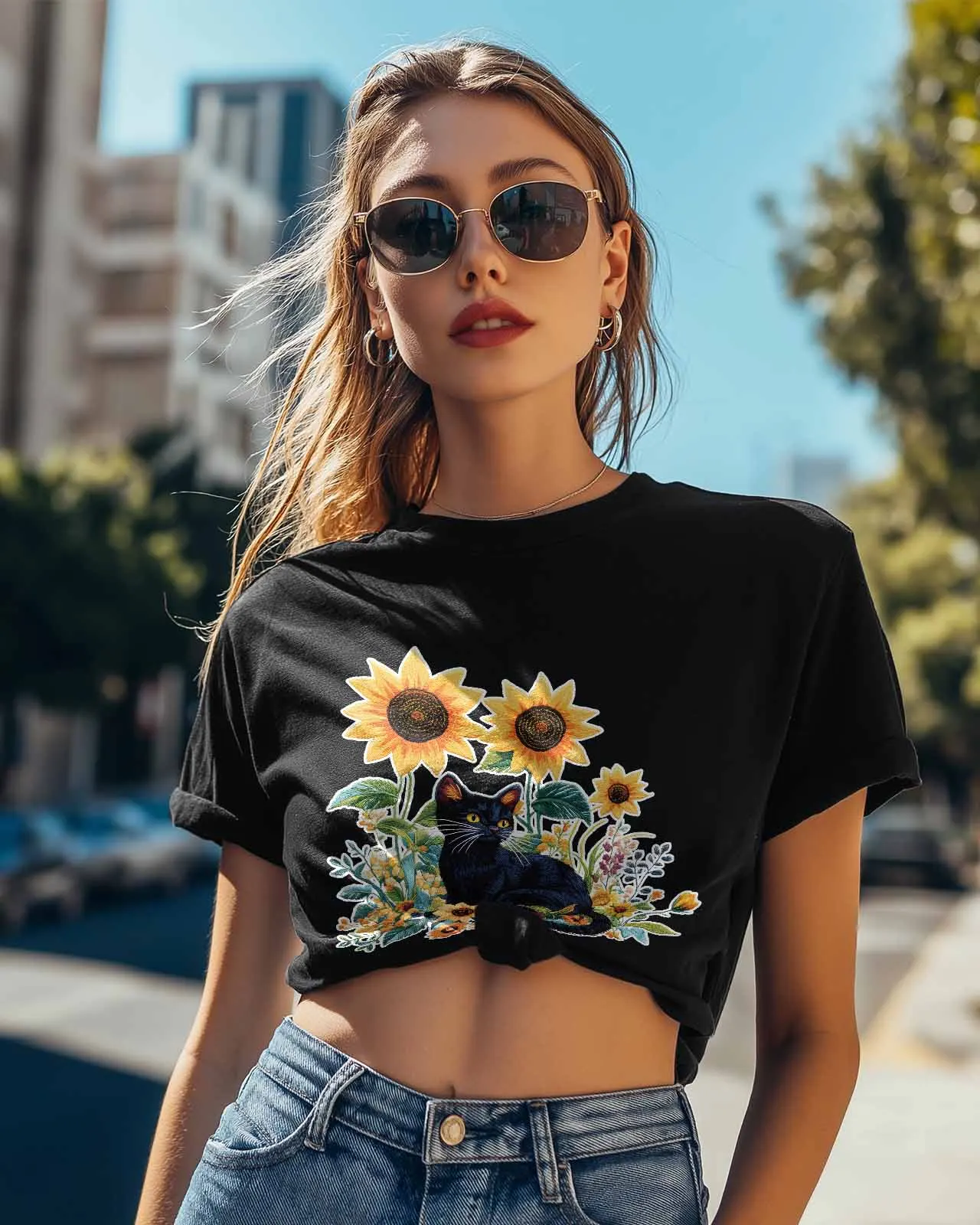 Sunflower Animal Black Cat T-Shirt Lover Gift Sweatshirt Fitness T-shirt Short Sleeve O-neck Clothing Tops