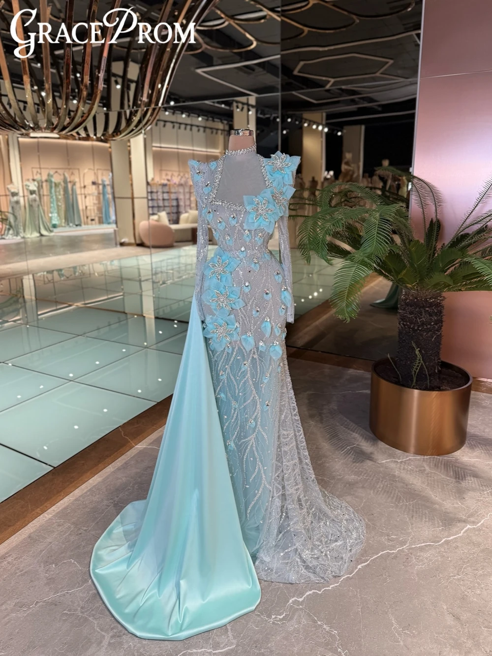 

Shiny Embroidery Beaded Crystal Evening Dress With Side Train Dreamy 3D Flower Long Wedding Party Gown Customized Prom Dresses