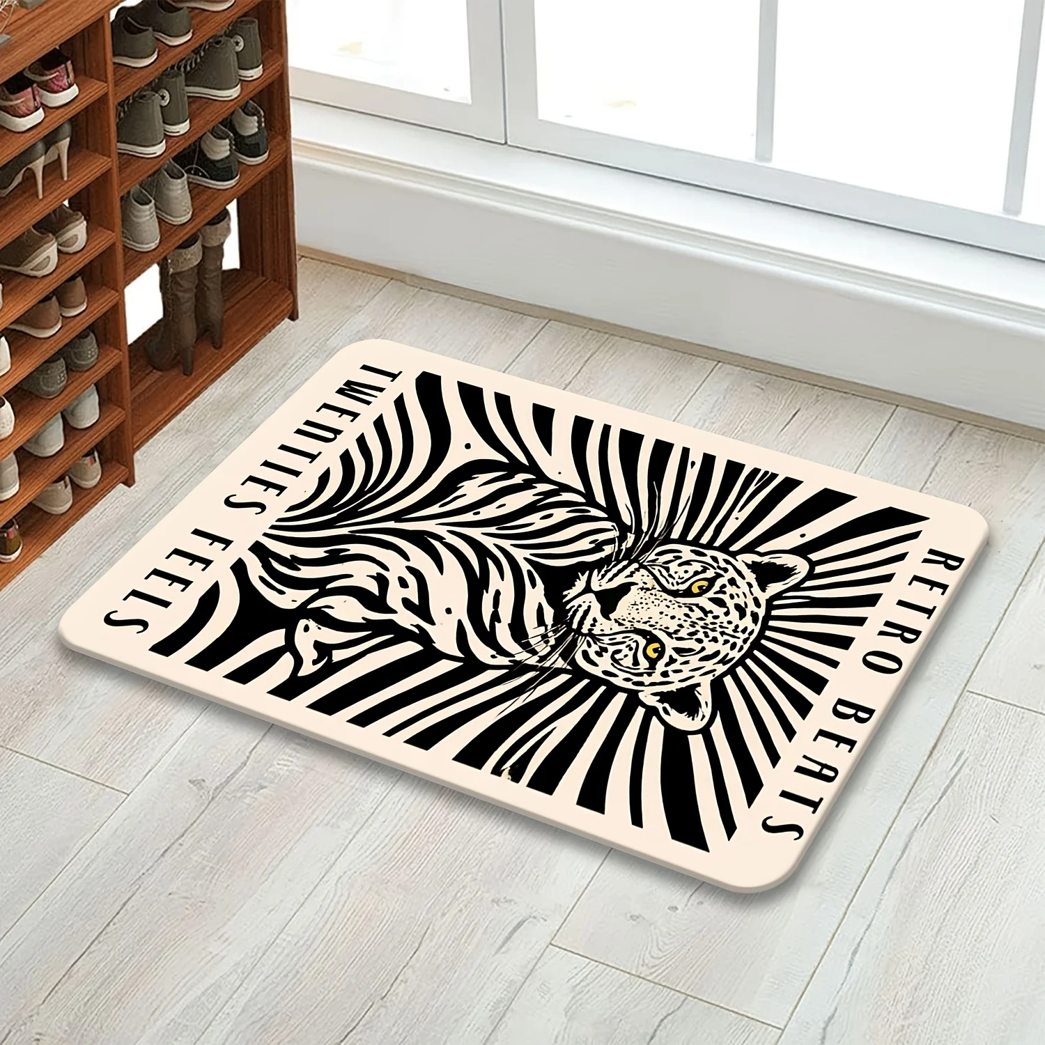 1pc Art Deco Leopard Illustration Doormat Cream Ivory Black Polyester Hand Wash Only 80x50cm Decorative Use
