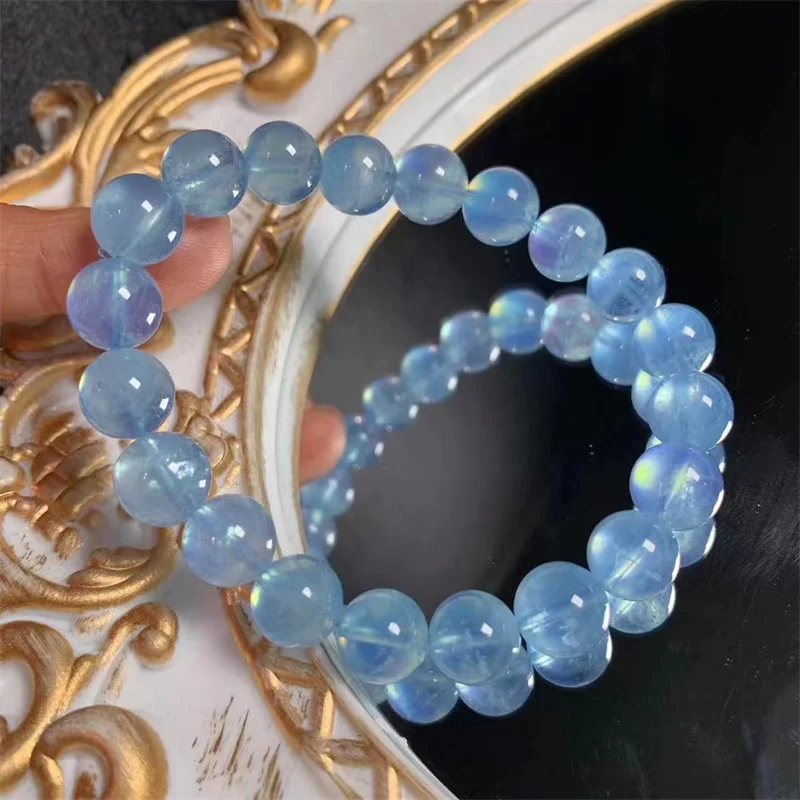 Natural Blue Aquamarine Bracelet Handmade Crystal Jewelry Stretch Bangle Children Birthday Gift 1pcs 9MM