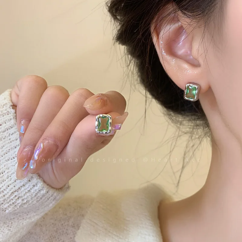 

925 Sterling Silver Square Green Zircon Stud Earrings For Women Piercing Jewelry Accessories Wholesale Free Delivery Jewellery