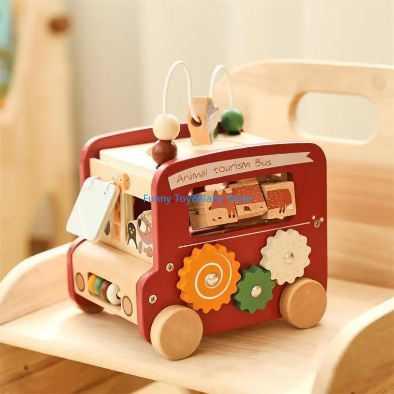 Brinquedo ônibus atividade educacional para crianças, classificação formato e função push pull, promovendo o