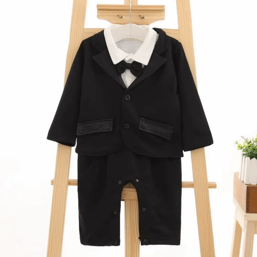 

2Pcs/Set Black Tuxedo Gentleman Boss Baby Clothes Two-Piece Outfit Striped Vest Toddler Romper Bodysuit Romper Bodysuit Bow Tie