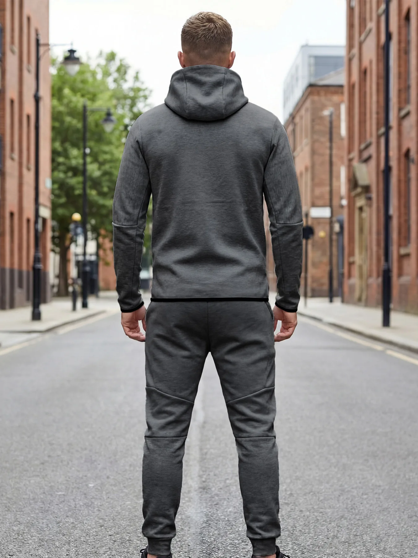 2-teiliger Herren-Sportanzug für Frühling und Herbst, Kapuzenjacke mit Reißverschluss und Jogginghose, lässiger Alltags-Sportanzug für Männer im Freien – Detail 15