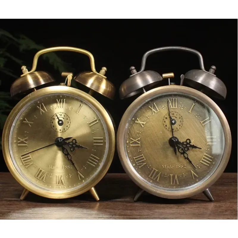 Vintage Solid Brass Mechanical Key-Wind Alarm Clock, Classic Dual Bell Analog Clock with Roman Numeral Display