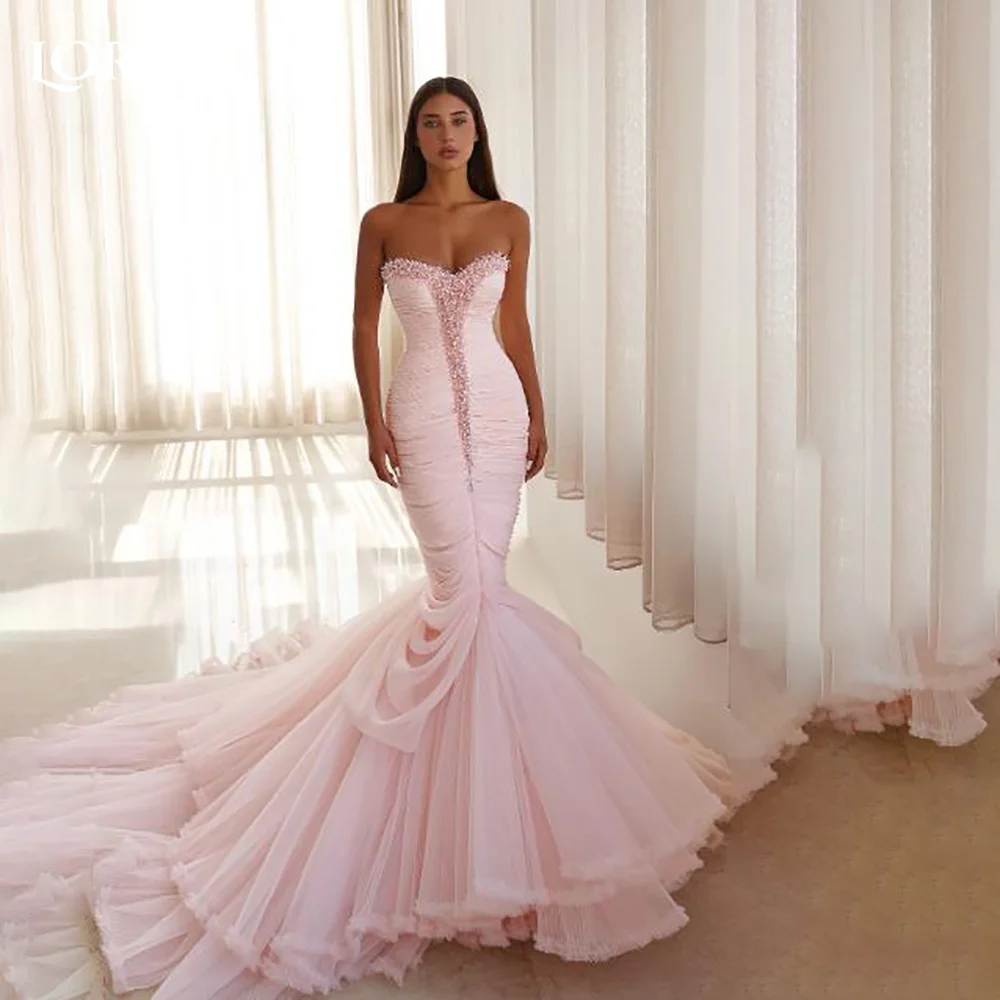 

LORIE ShinyArabia Evening DressShiny Pleats Floor Length Mermaid Prom Dresses Pleats Illsion Ball Tulle Party Gown Customized