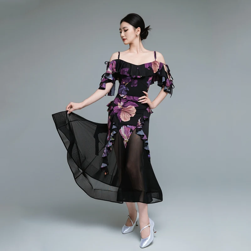 2025 roupas de dança de salão feminino desempenho traje valsa vestidos de dança folha de lótus topos saia de malha adulto prática wear