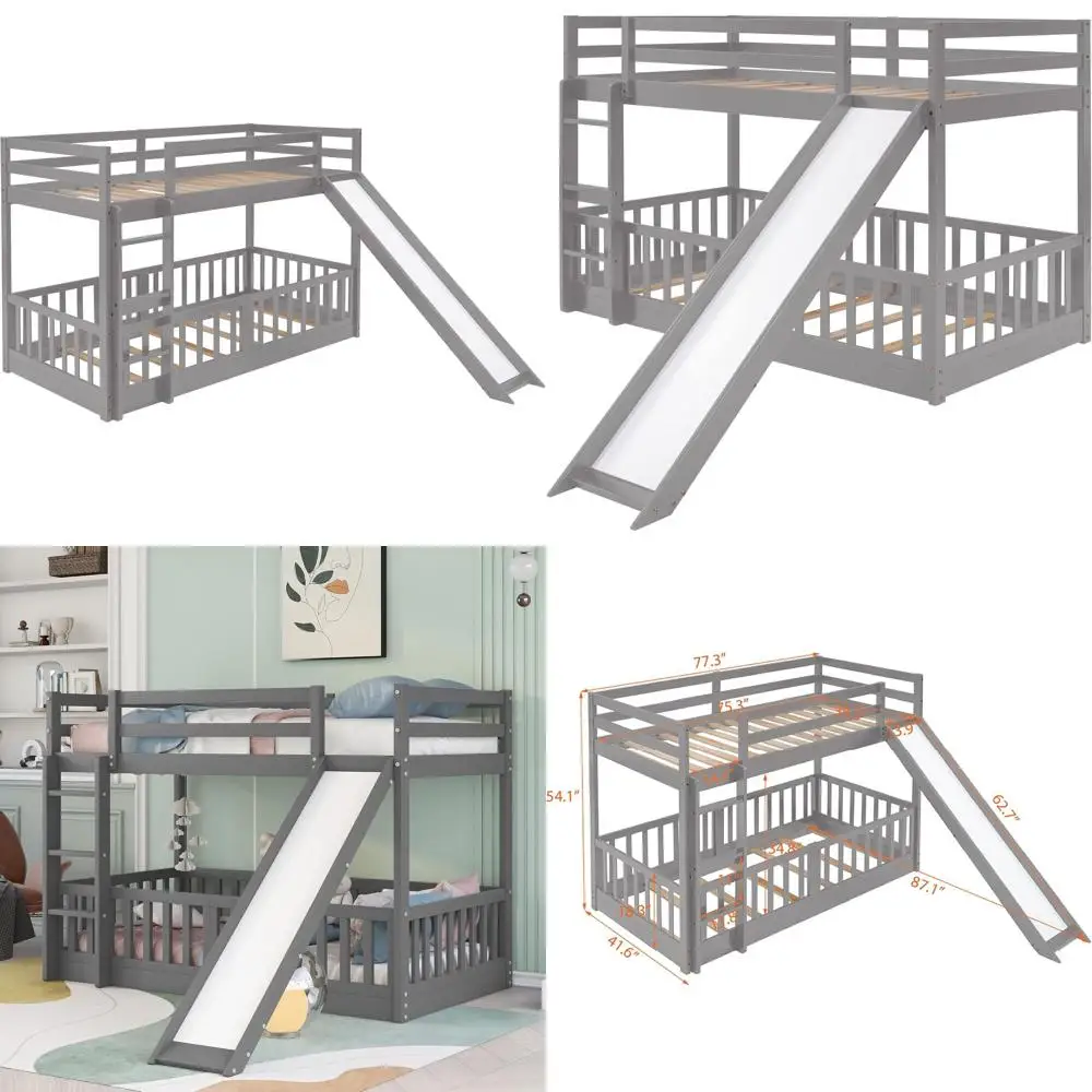 

Серая двухъярусная кровать с горкой, подходит для детей и подростков