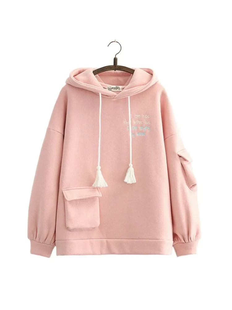 

Solid Pink Letter Embroidery Fleece Thic Hoodies And Sweatshirts 2024 Winter Long Sleeve Pocket Hooded Pullover Sweet Tracksuits