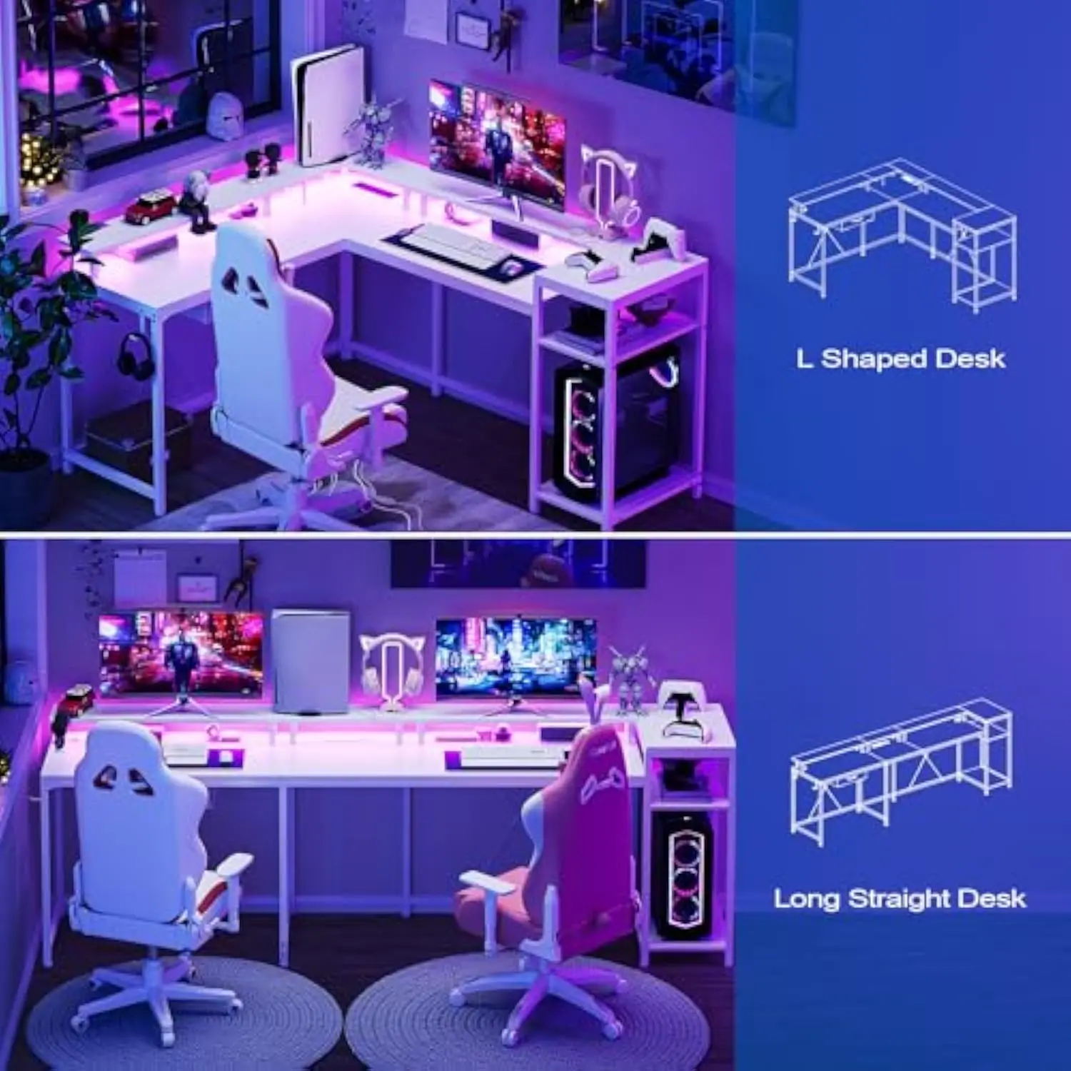 L Shaped Gaming Desk,68 Computer Desk with Power Outlets & LED Lights, Home Office Desk with File Drawer, Corner Desk with Mon