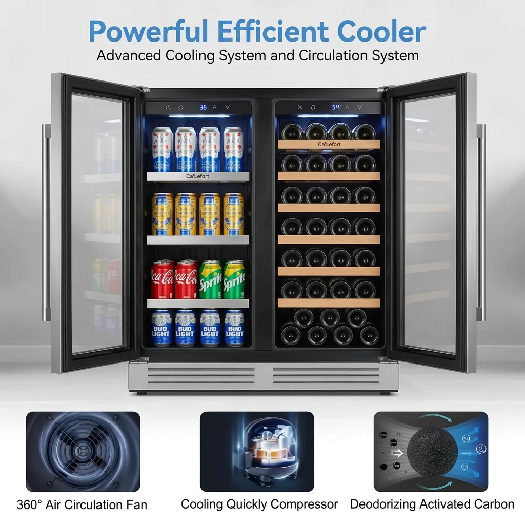 Dual Zone Wine & Beverage Cooler 170L Built-in Under Counter Fridge Holds 33 Wine Bottles +80 Cans Electronic Touch Control 34-72°F Dual Sensor Refrigerator