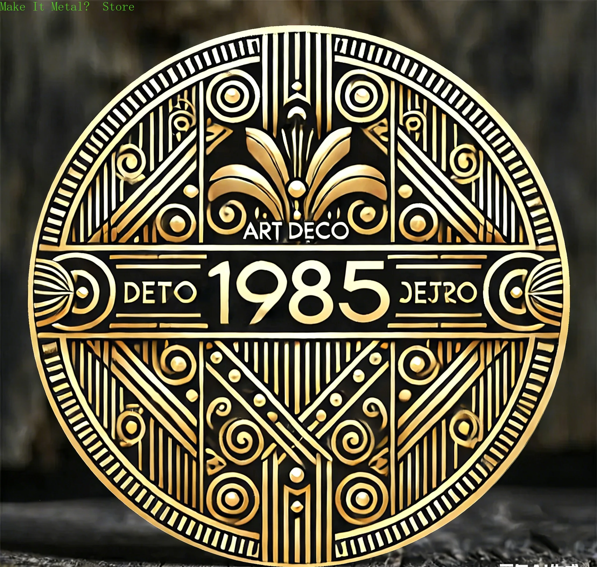 Letrero Metálico Redondo Dorado Art Deco 1985, Decoración de Pared con Patrón Geométrico Retro para Hogar, Bar, Cafetería