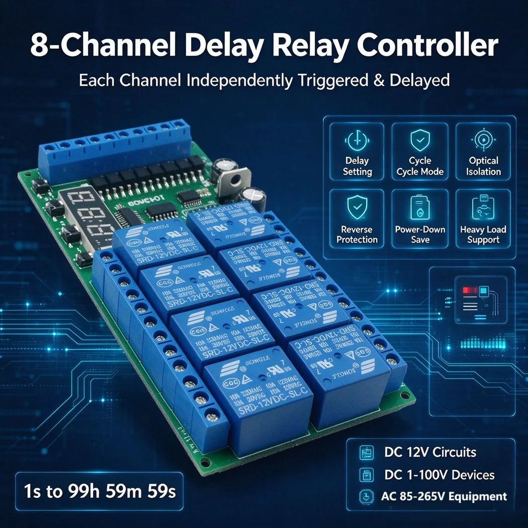 DC12V 8 Channel Multifunction Timer Delay Relay Module Independent Trigger Optocoupler Isolation Cycle Timing Power Down Save PL