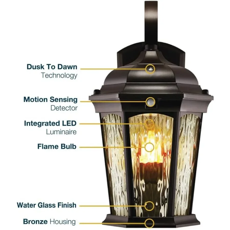 Euri Lighting EFL130WMD Lampada da portico con fiamma tremolante con vetro d'acqua e luce di sicurezza integrata in bronzo lucidato a olio Housin