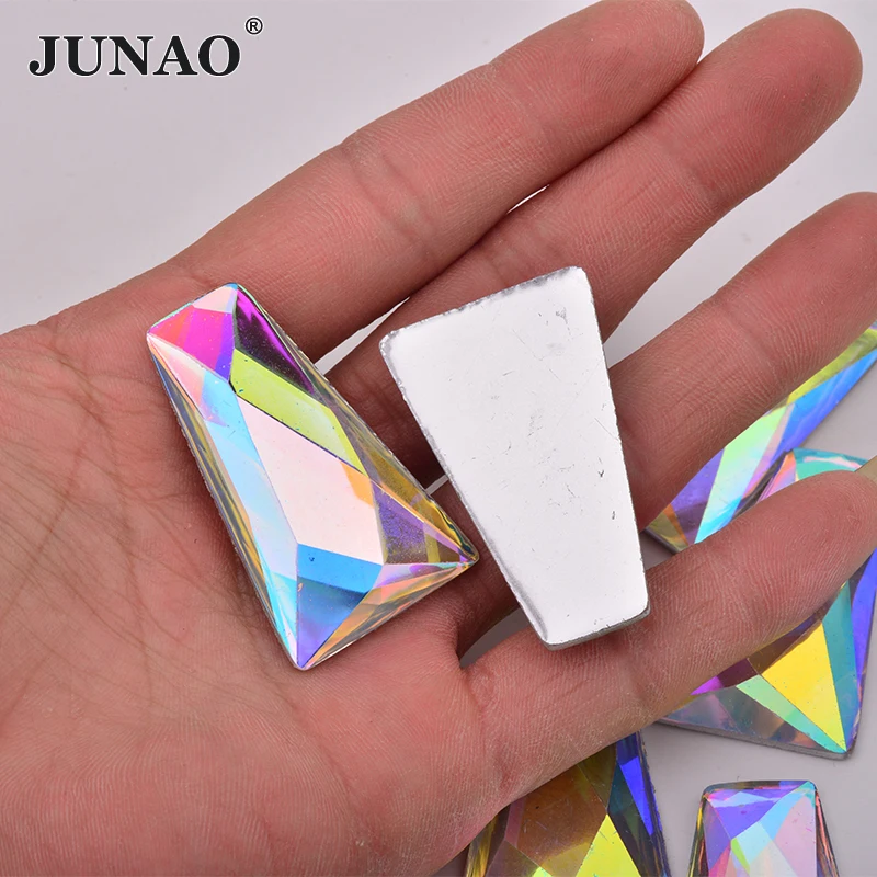 JUNAO 10Pcs 13*27*44mm Green AB Large Size Trapezoid Rhinestone Applique Flatback Resin Strass Glue On Crystal Stones For DIY