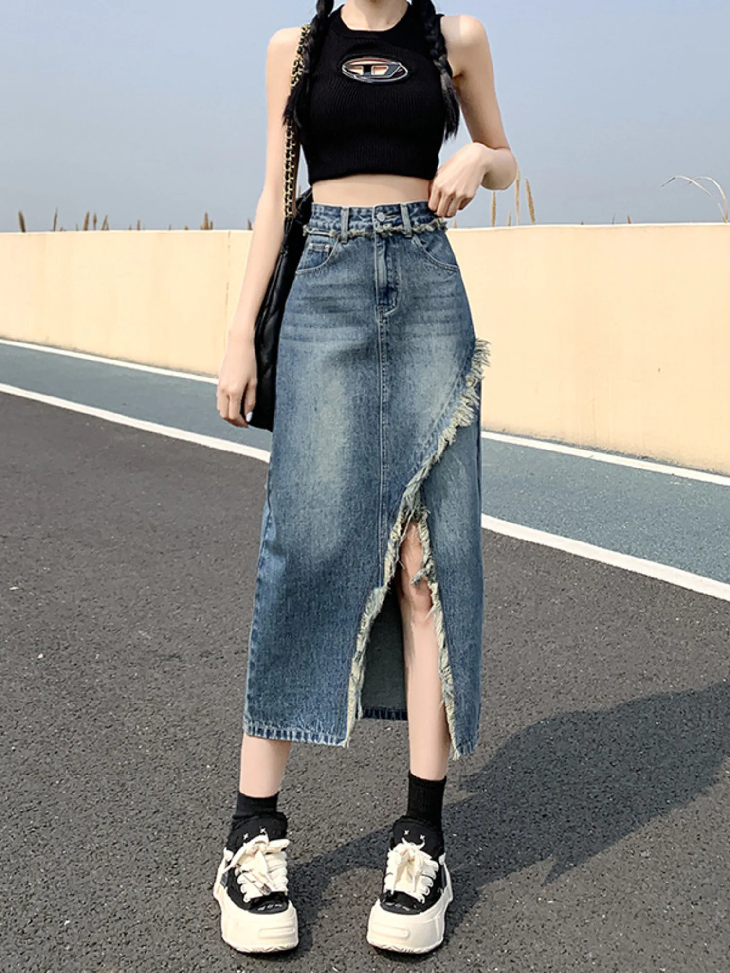 Women's High Waist Denim Skirt A-Line Midi Skirt High Slit Raw Hem Distressed Vintage Jean Skort Y2K Streetwear view 2