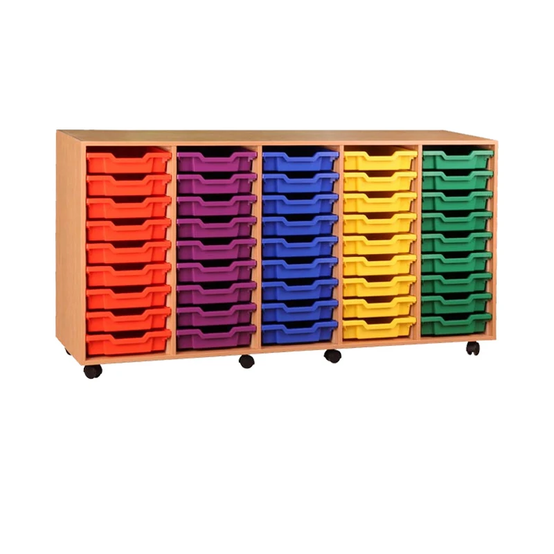 

Wholesale Custom Color Multilayer wooden Storage Mobile Kindergarten Classroom Wooden Plastic Storage With Wheels