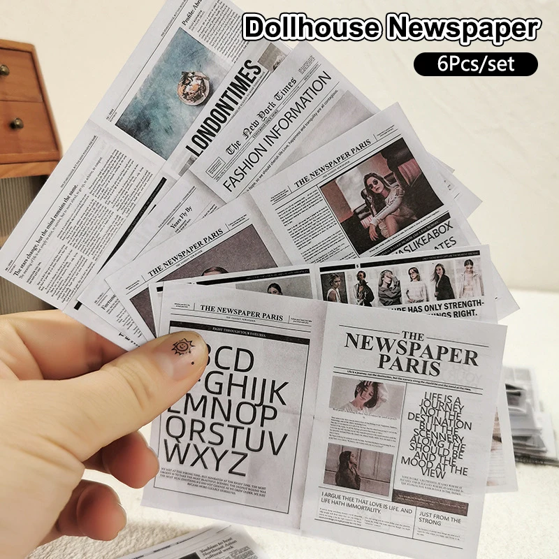 Jornal de impressão frente e verso para Dollhouse, modelo de jornal, entretenimento, notícia, vivendo, lendo cena, decoração de casa brinquedos, 1: 6,6 pcs por conjunto