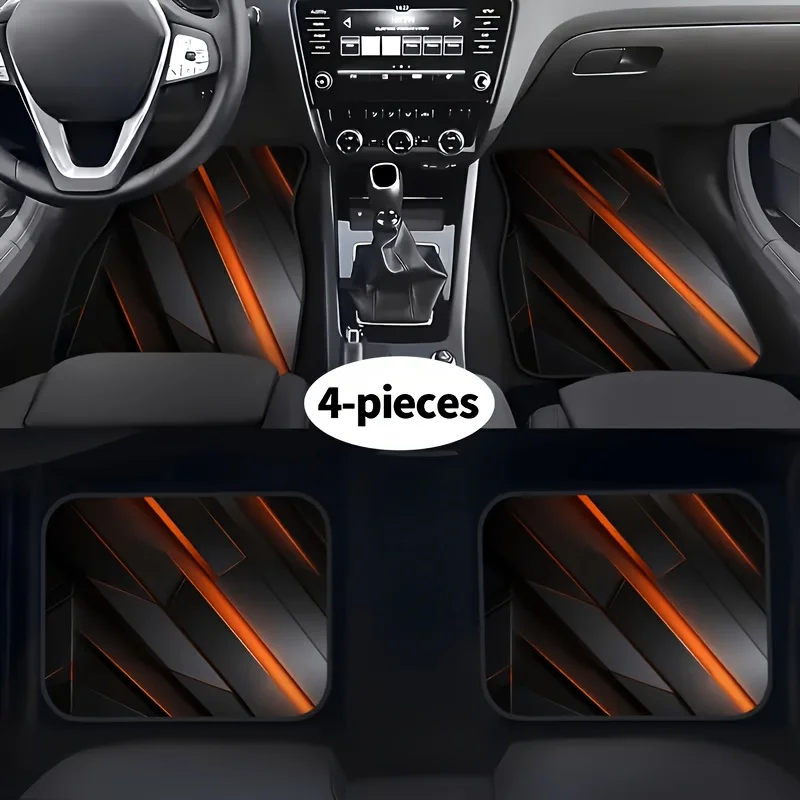 4pcs Car Floor Mat Set - 2D Printed - Creative Pattern - Black With Orange Light Structural Pattern, Trendy And Fashionable Car