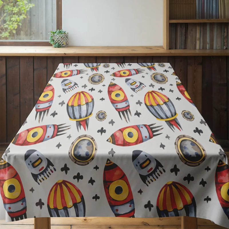 مفرش طاولة UFO ملون مع أقراص طائرة مطبوعة ومفارش ديكور لغرفة الطعام المنزلية والمطبخ أحمر/أزرق/أصفر د