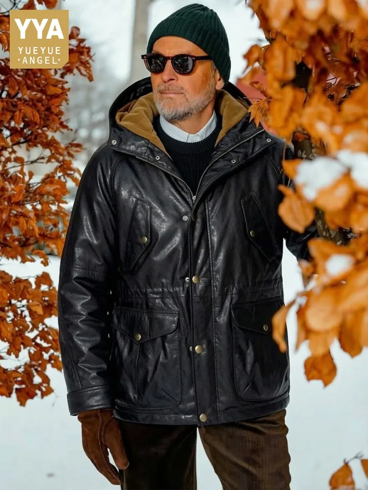 Winter Male Retro Luxury Black Cowhide Hooded Jacket Hunting Real Leather Thick Overcoat Warm Windproof Long Motorcycle Jackets