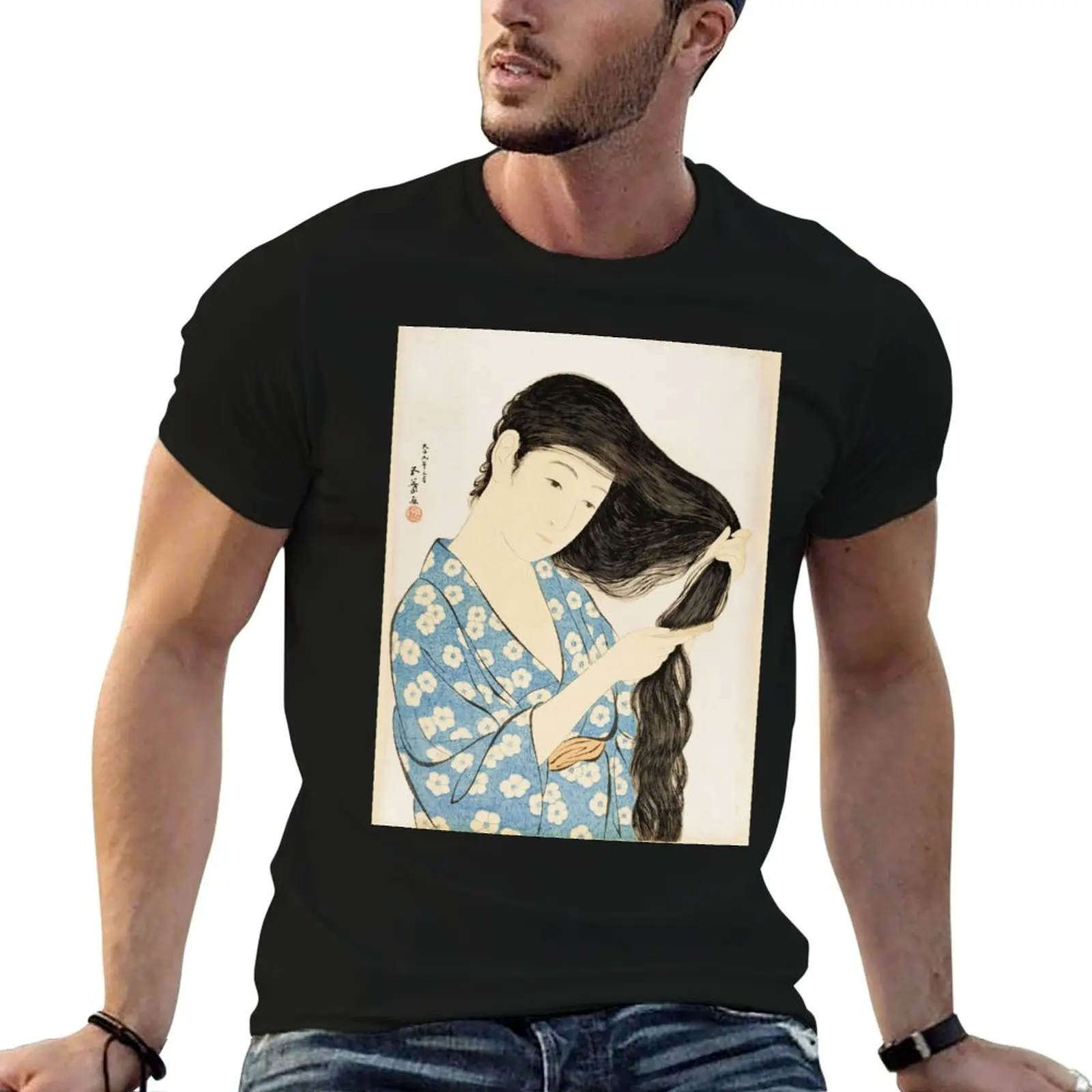Hashiguchi Goyo - Camiseta con estampado de mujer en azul peinando su cabello, camiseta gráfica para hombre, camiseta de lujo para hombre, camiseta de algodón para hombre