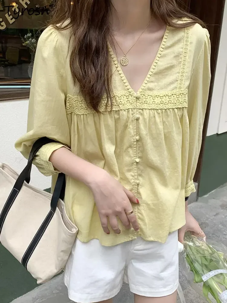 

Shirts Women Loose Casual Daily V-neck Simple Cozy Spring Chic Breathable Korean Style Fashion All-match Pure New Elegant Female