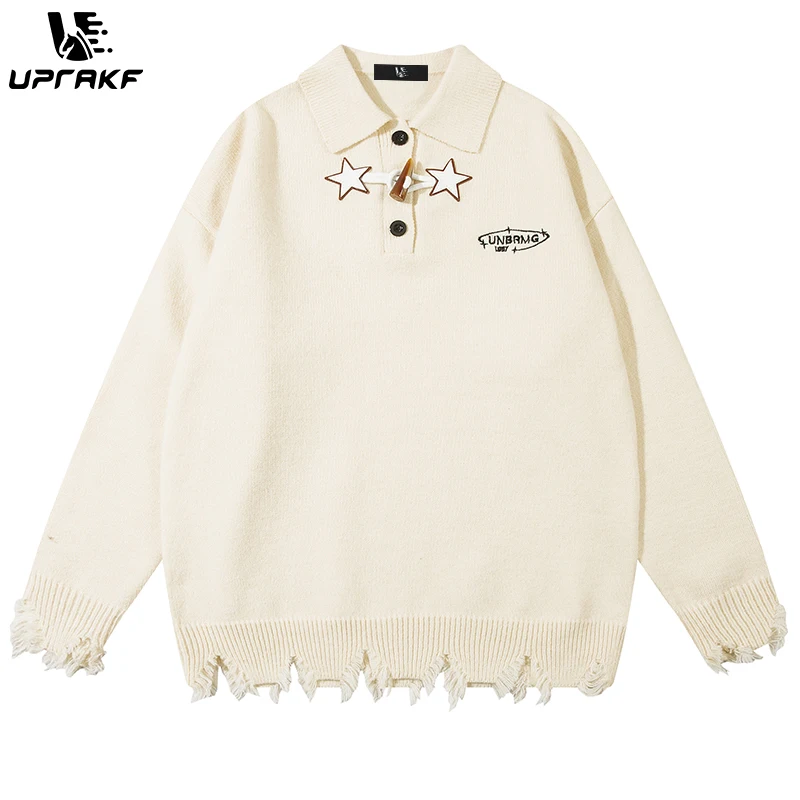 UPRAKF Star Sweater Loose All-Match Pullover Winter Tops Lapel Solid Knit Autumn Fashion Streetwear