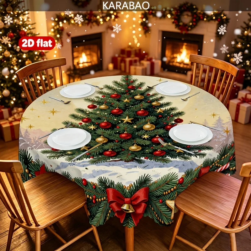 1 Christmas-themed round tablecloth, pine wreath with gold bell and red bow, central Christmas tree with colorful stars