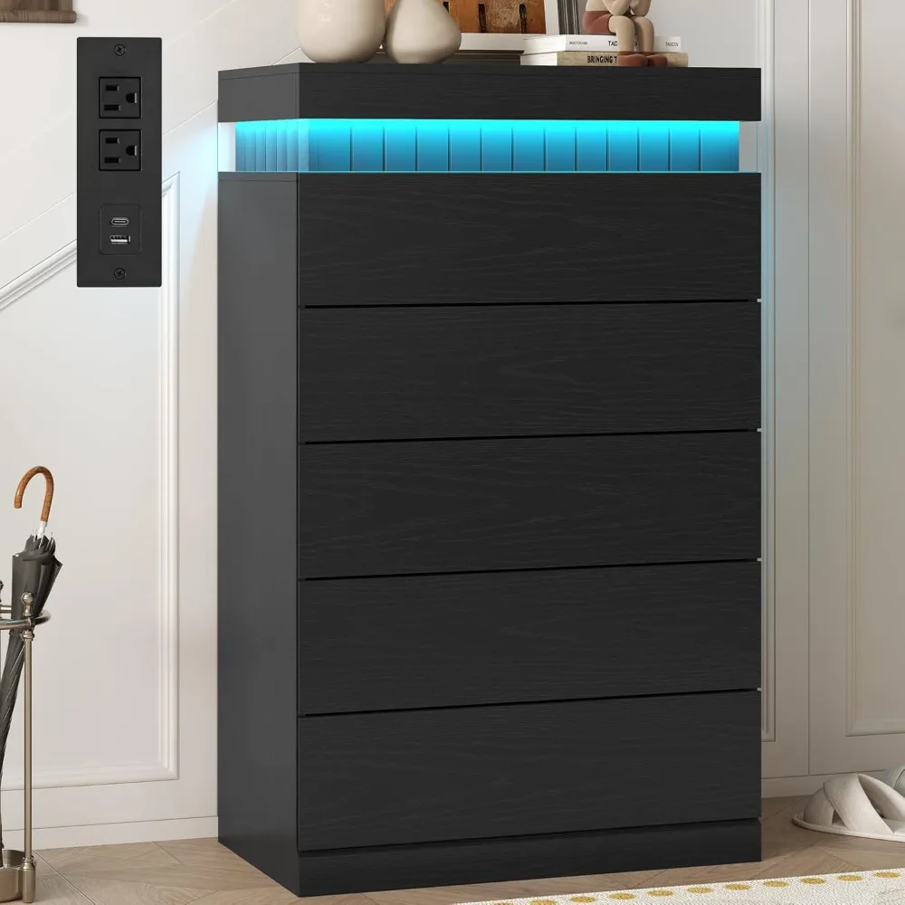 Contemporary Large 5-Drawer Black Dresser with LED Lighting and Power Outlet for Bedroom and Closet Storage