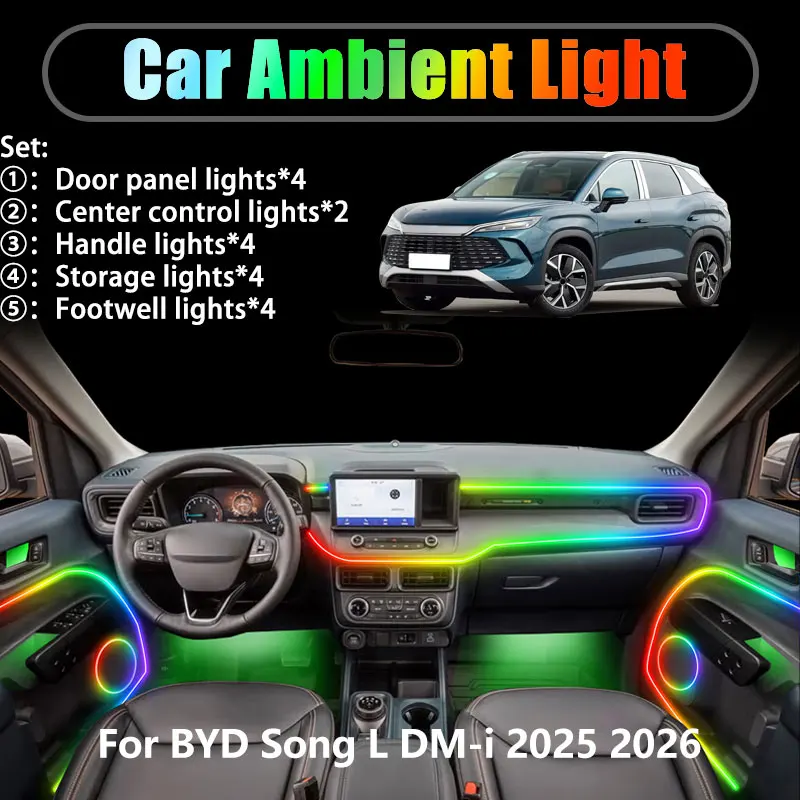 

For BYD Song L DM-i 2025 2026 2/18 in 1 Car ambient lighting Led trunk interior led lights USB RGB Ensemble Streamer Auto Parts