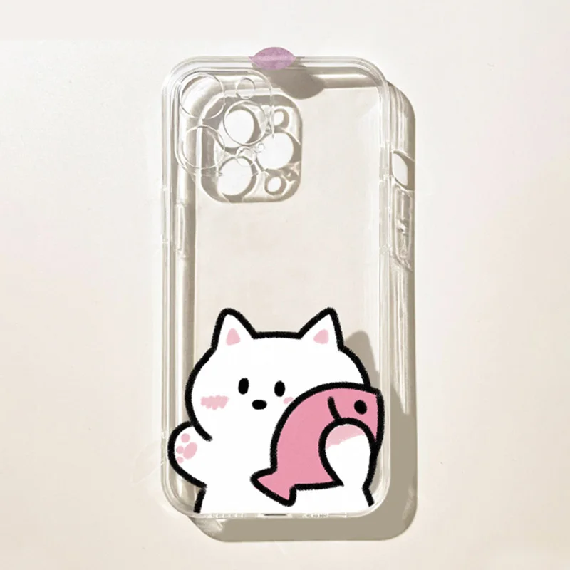 Transparent Cute Animal Cat Fish Couple Phone Case For iPhone 16 15 14 13 12 11 Pro Max Plus 17 Air 13Mini Shell Cover Fundas