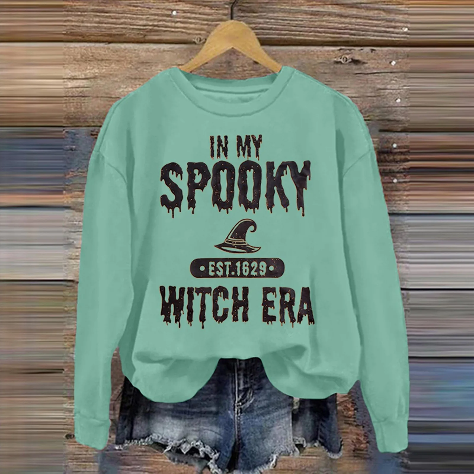 Sweat à capuche imprimé Halloween pour femme, lettres de sorcière imprimées, col rond, manches longues, haut fin et confortable, tendance de la mode