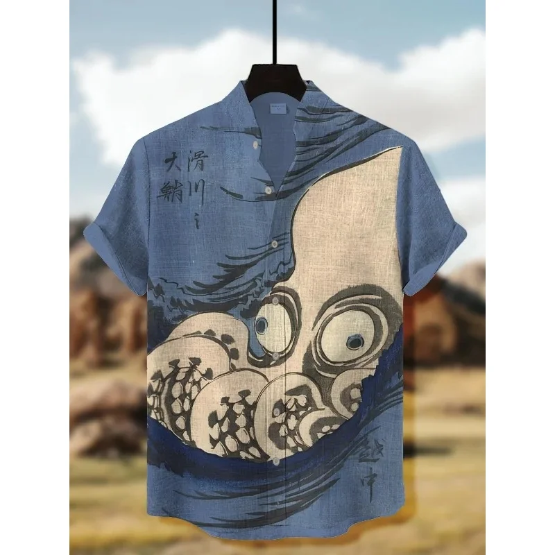 

Мужская рубашка с коротким рукавом с японским узором осьминога, большие топы с воротником-стойкой в стиле ретро в стиле Харадзюку, однодышащие топы на пуговицах, винтажные туники