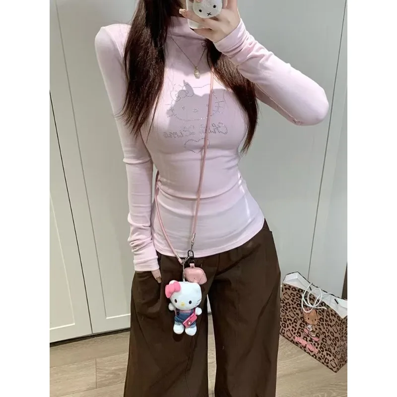 

American Pink Hottie T-shirt Fashion Subculture Cartoon Cat Print Tshirts Street All Match Long Sleeve Tees Women Slim Chic Top