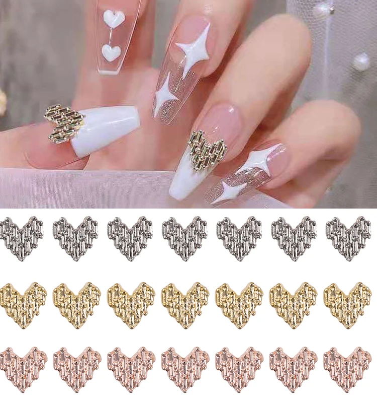 Breloques pour ongles en forme de cœur, 8mm, or/argent/Rose, alliage de luxe 3D, décoration pour Nail Art, bricolage, accessoire de manucure en forme de cœur japonais
