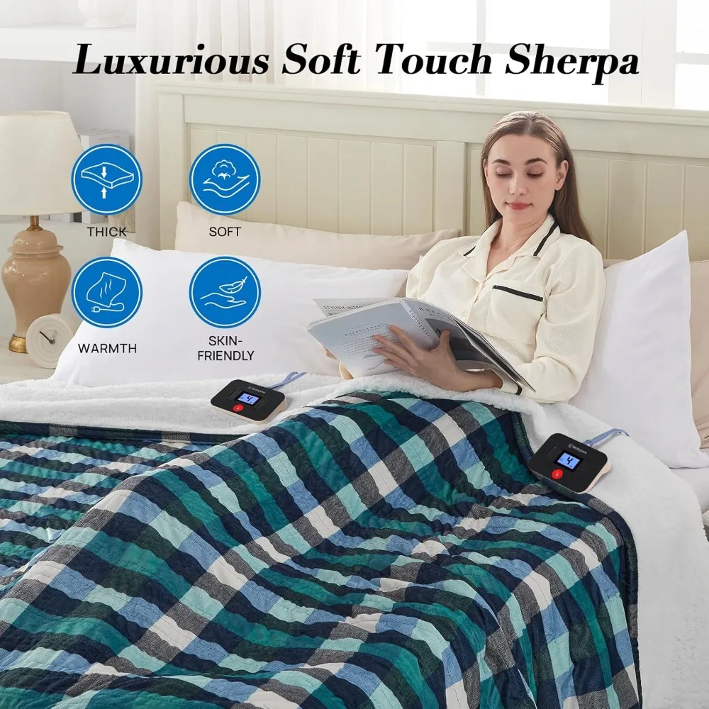 Electric Blanket Queen Size, Soft Flannel to Sherpa Heated Blanket with Dual Control 10 Heating Levels & 1 to 12 Hours Auto-Off