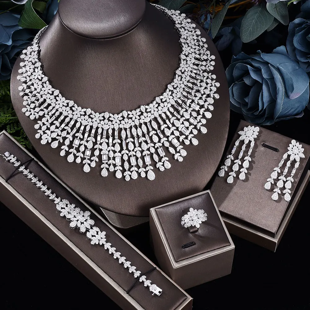 

Luxury Nigerian Dubai 4 PCS Big Bridal Jewelry Set White Cubic Zirconia Tassel Necklace Earrings for Wedding Prom Accessories