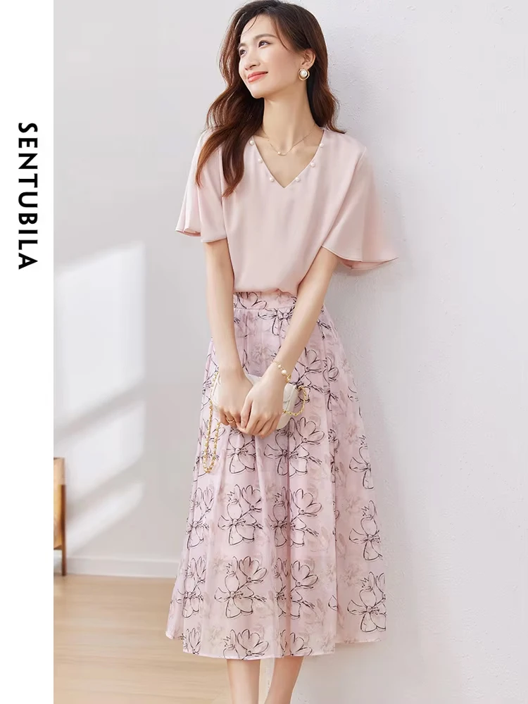 

SENTUBILA Women's Summer Flower Print Skirt Clothes Set Elegant Chiffon Blouse Pleated A-Line Skirts New 2 Pieces Sets 132Z49792