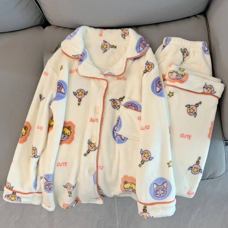 セーラームーンパジャマセットアニメ冬パッド入り厚く暖かい長袖パジャマ漫画暖かいコーラルベルベットラウンジウェアパジャマ