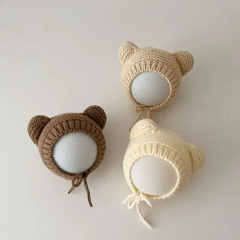 Gorro dulce para recién nacido, gorro de ganchillo con orejas de oso de dibujos animados Kawaii para bebé, niño y niña, gorro cálido para otoño e