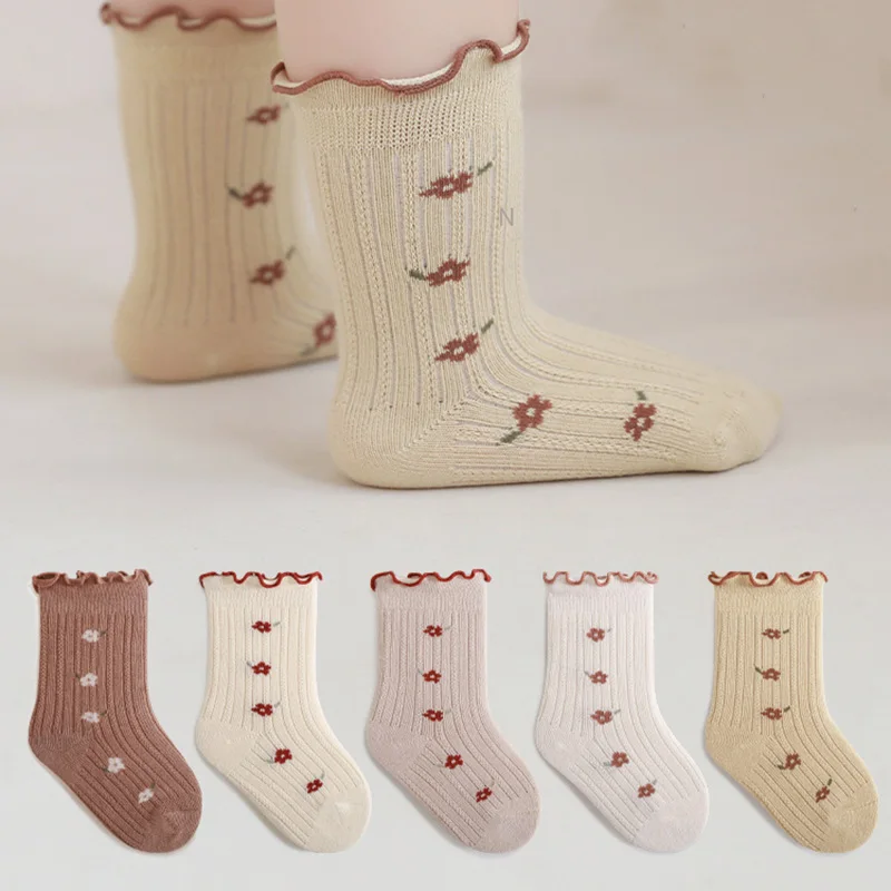 1 Pairs Asethetic Floral lace Socks for Baby Girl Retro Boneles Princess Flower Calf Mid Socks for Toddler Soft Cotton Stockings