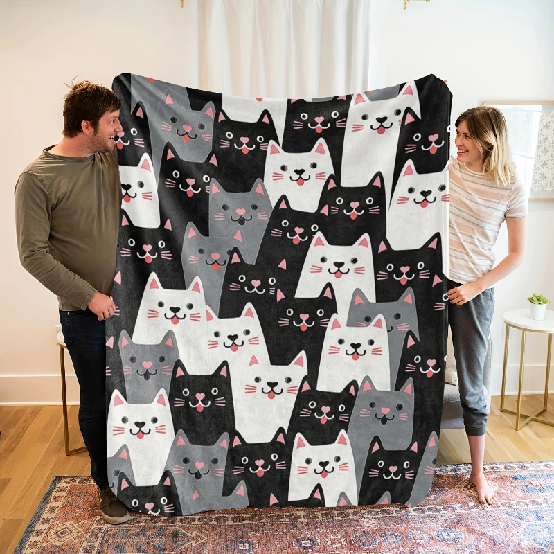 Einfache schwarz-weiße Cartoon-Katzen-Decke mit Allover-Print, warme Sofadecke, Bettüberwurf, Apartment-Ecke, minimalistische Geburtstagsgeschenke