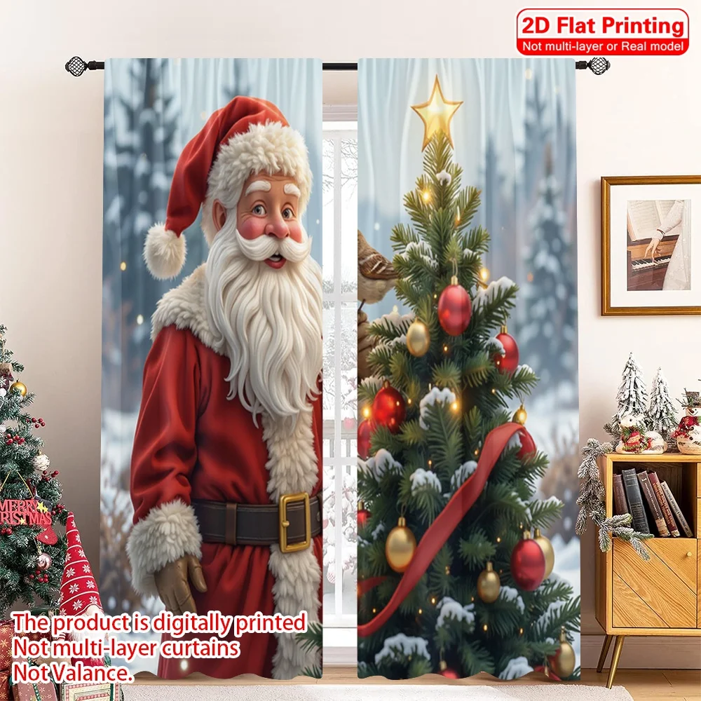 

2pcs 2D flat printing Merry Christmas Curtain Santa Bird Christmas Tree Snow Fabric Without Electricity Festive Wall Decor for