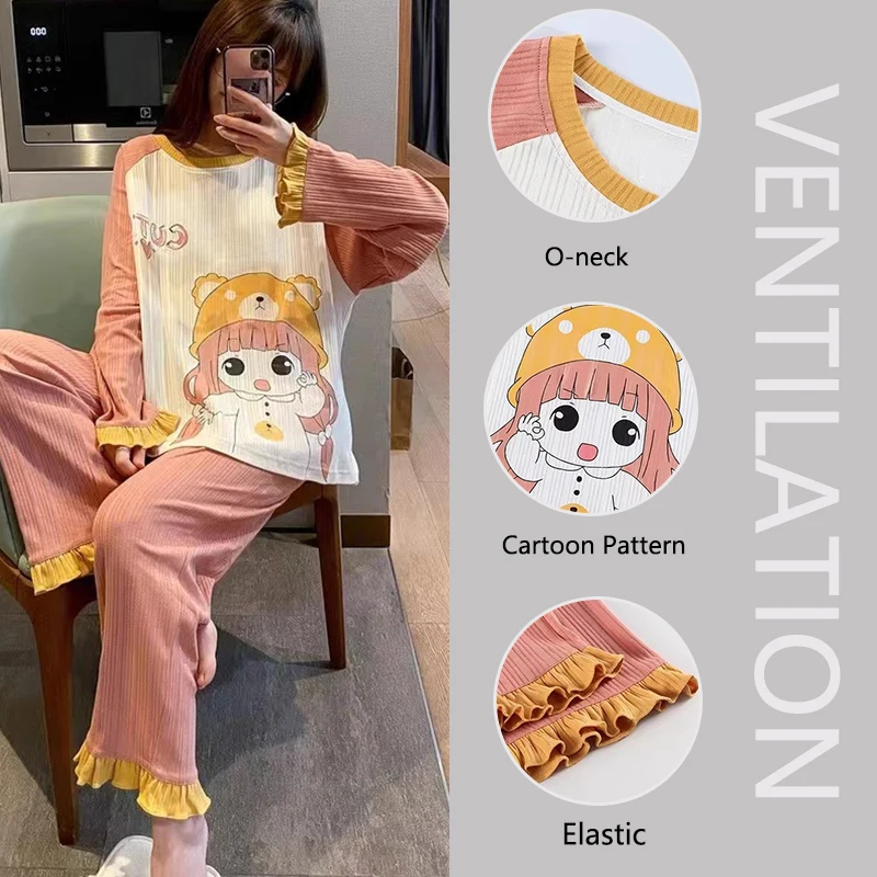 Large Size Long-Sleeved Pajamas Ladies O-Neck Loose Cartoon Dinosaurs Duck Easy to Wash Ruffled Sweet Homewear Kawaii Nightwear